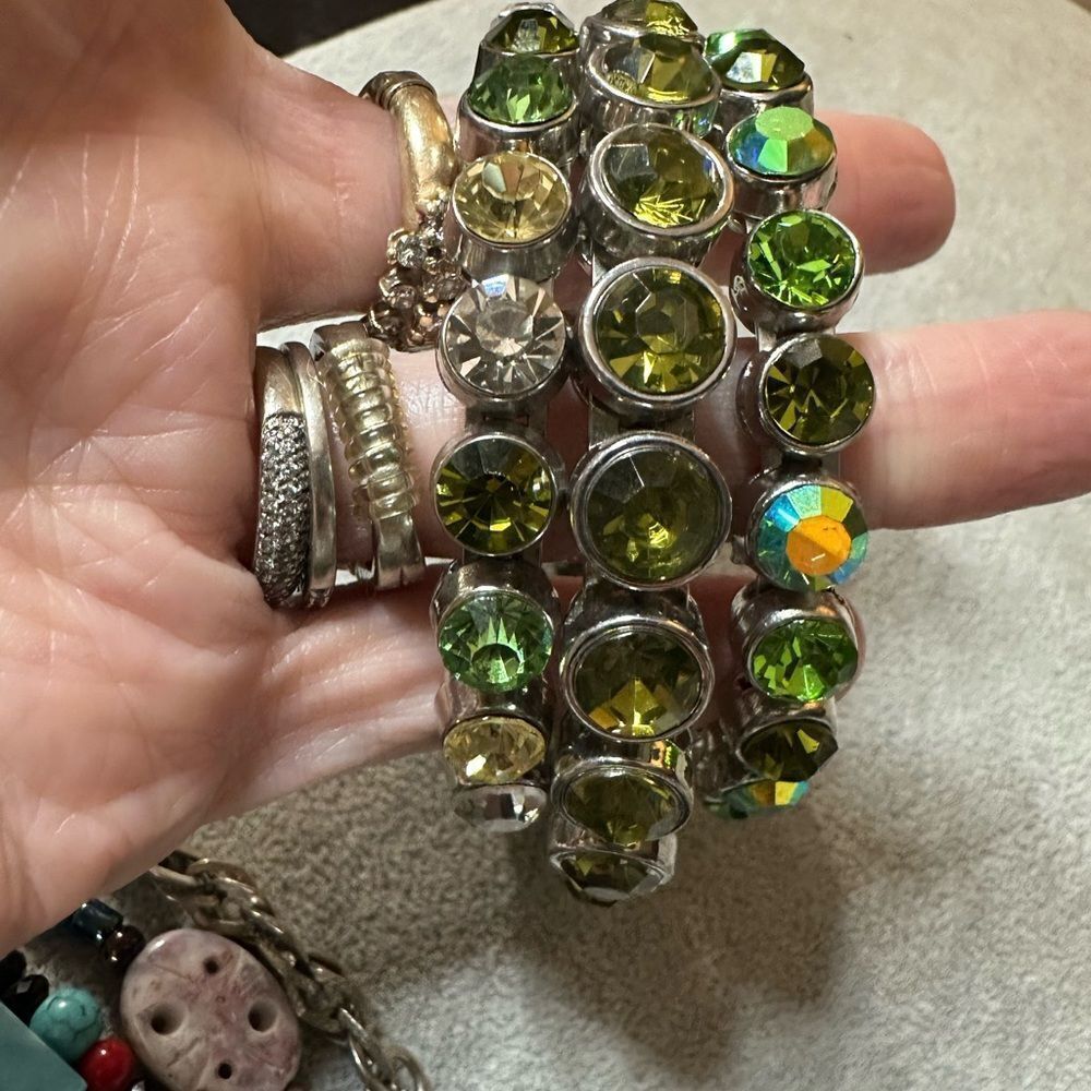THREE GREEN & AB CRYSTAL SILVER & PERIDOT RHINESTONE MAGNETIC CLOSURE BRACELETS - Picture 4 of 11